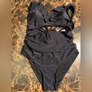 NWT Women’s Black One-Piece Cutout Swimsuit size XL tummy control open back